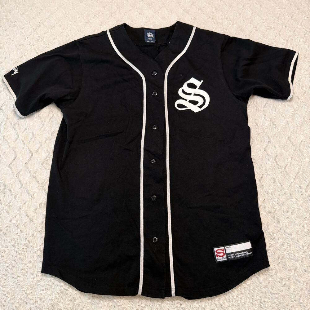 Stussy Baseball Jersey Men M Black Spell Out Y2K Skateboarding Button Shirt